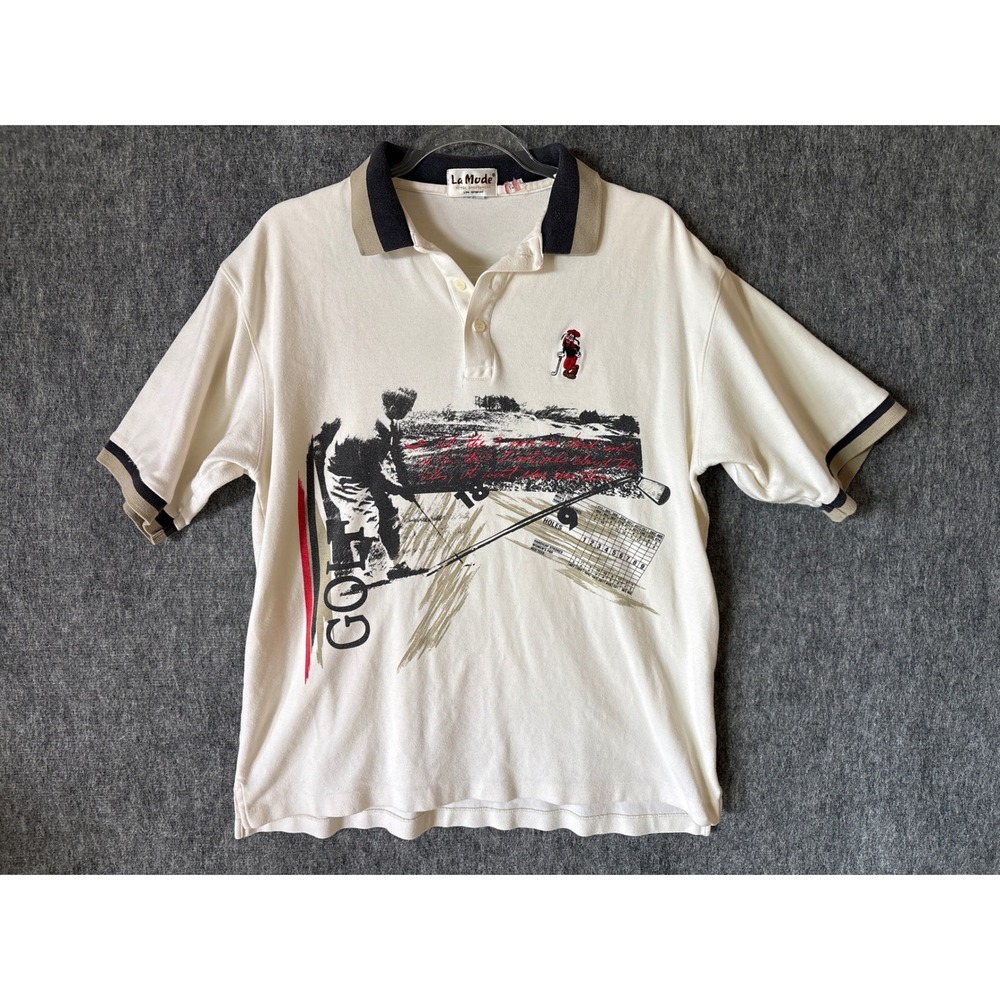 Vintage‎ La Mode Active Sportswear Golf Graphic Polo Shirt Mens Cream Large 90s